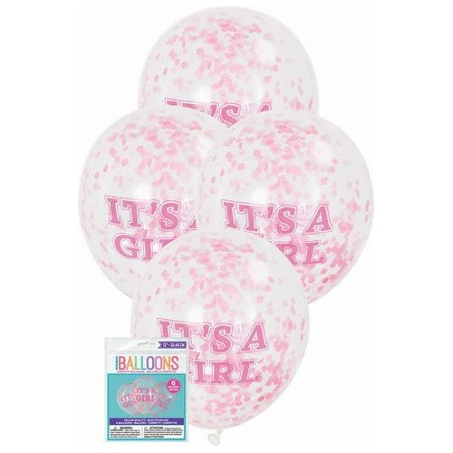 Clear It's a Girl Latex Balloons Prefilled - Pink Confetti