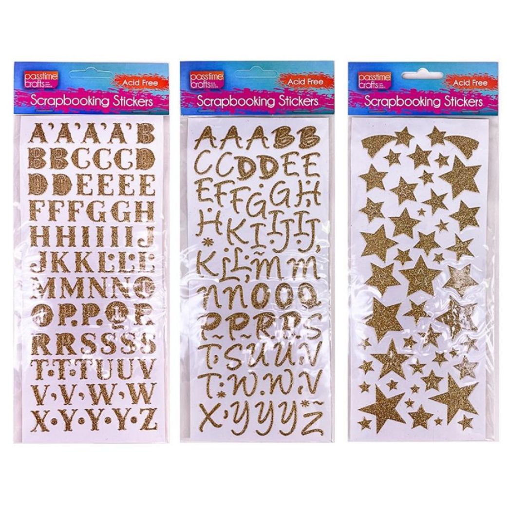 Glitter Alphabet & Star Scrapbooking Stickers - Gold