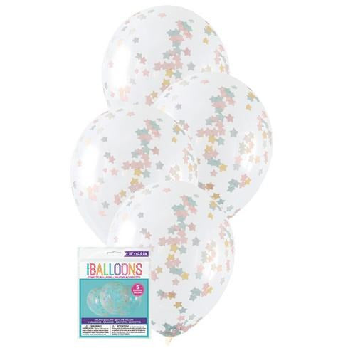 Clear - Latex Helium Balloons Prefilled With Pink Blue & Gold Star Confetti