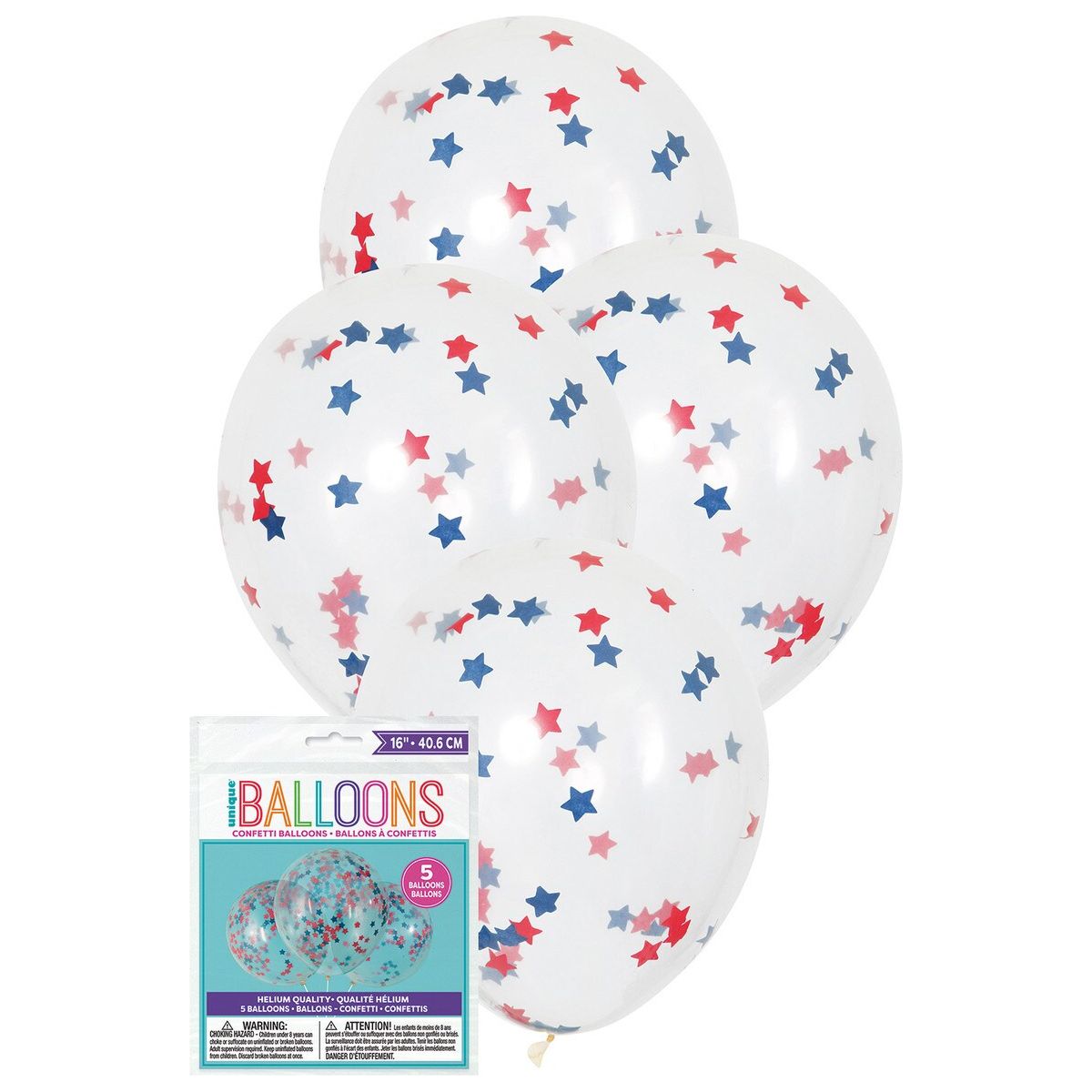 Clear Latex Balloons - Red & Blue Stars Confetti