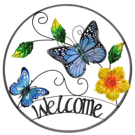 Round Metal and Glass Butterfly Welcome Sign Wall Art - Dollars and Sense