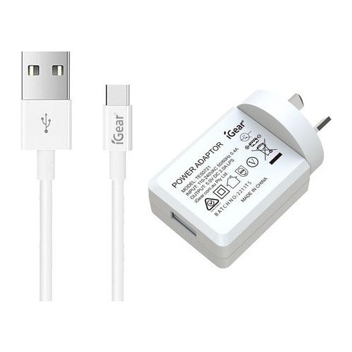 240V Charger with Type C USB Charging Cable - White