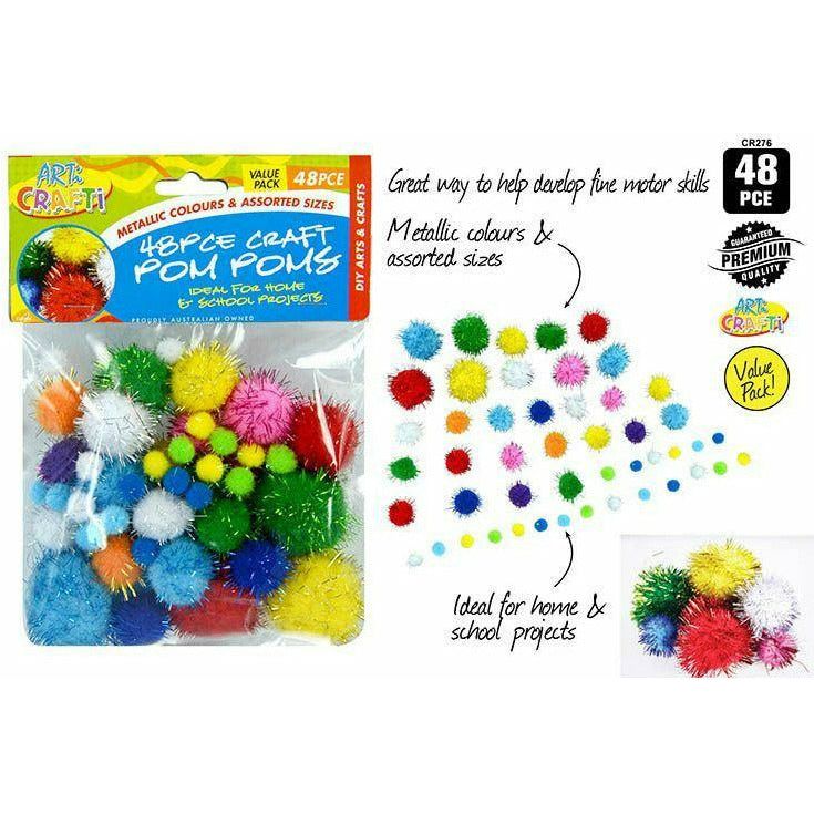 Craft Glitter Pom-Poms Metallic Colours - 48 Piece Assorted Sizes - Dollars and Sense