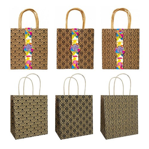 Brown Damask Series Kraft Paper Small Gift Bags - 20x25cm 3 Pack Assorted - Dollars and Sense